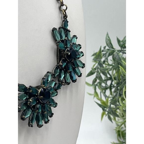J. Crew Silver Tone Shades of Green Rhinestones Chain Clustered Necklace - Picture 5 of 16